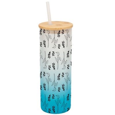 Elanze Designs Calla Lily Flower Floral Wrap-Around Design 25 Ounce Frosted Gradient Glass On-The-Go Coffee Travel Skinny Tumbler Mug Cup, Bamboo Lid