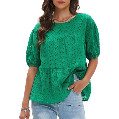 EXLURA Women's Summer Tops Dressy Casual Short Lantern Sleeve Shirts Crew Neck Hollow Out Lace Embroidered Blouses Shirts