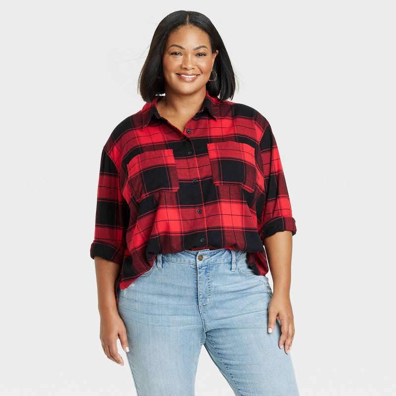 Women's Long Sleeve Collared Flannel Button-Down Shirt - Ava & Viv™, 1 of 4