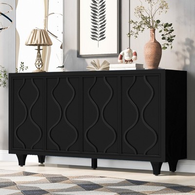 TIRAMISUBEST No Handle Design Storage Cabinet Sideboard Wooden Cabinet with Embossed Curved 4 Doors