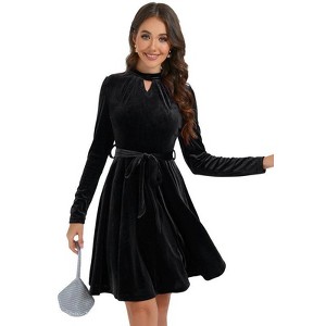 Coolmee Women Vintage High Neck Hollowed Chest Long Sleeve Waist Tie Velvet Mini Dress Cocktail Gown Dress - 1 of 4