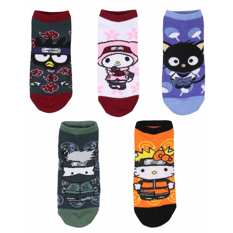 Hello Kitty X Naruto Character Mash-Up Ankle No-Show Socks 5 Pair Pack Multicoloured, 2 of 5