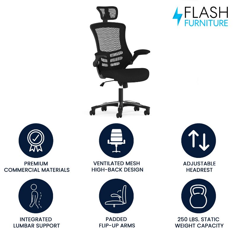 Flash Furniture Kelista High-Back Black Mesh Swivel Ergonomic Executive Office Chair with Flip-Up Arms and Adjustable Headrest, 3 of 19