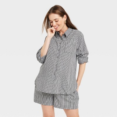 The Nines by HATCH™ Long Sleeve Button-Down Maternity Shirt Black Gingham