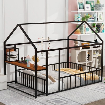 CAVINAS Twin/Full Size House Bed Frame with Shelves & Desk,Metal Floor Bed for Kids Room,Bedroom