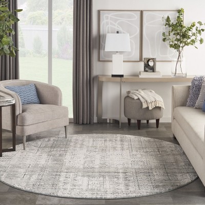 Ivory Blue Bohemian Persian-Inspired Round Rug, 94 in Diameter