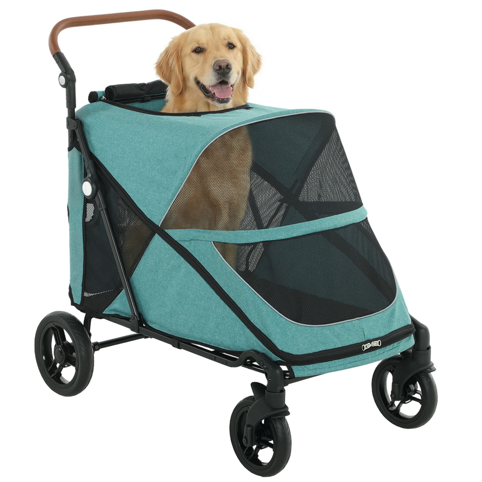 PawHut Dog Stroller for Large Dogs, One-Click Folding 4 Wheel Large Pet Stroller w/ 8-Position Adjustable Handle, All-Terrain Spring Suspension, Blue
