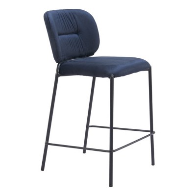 HomeRoots Set of Two 25" Blue and Black Velvet and Steel Counter Height Bar Chairs
