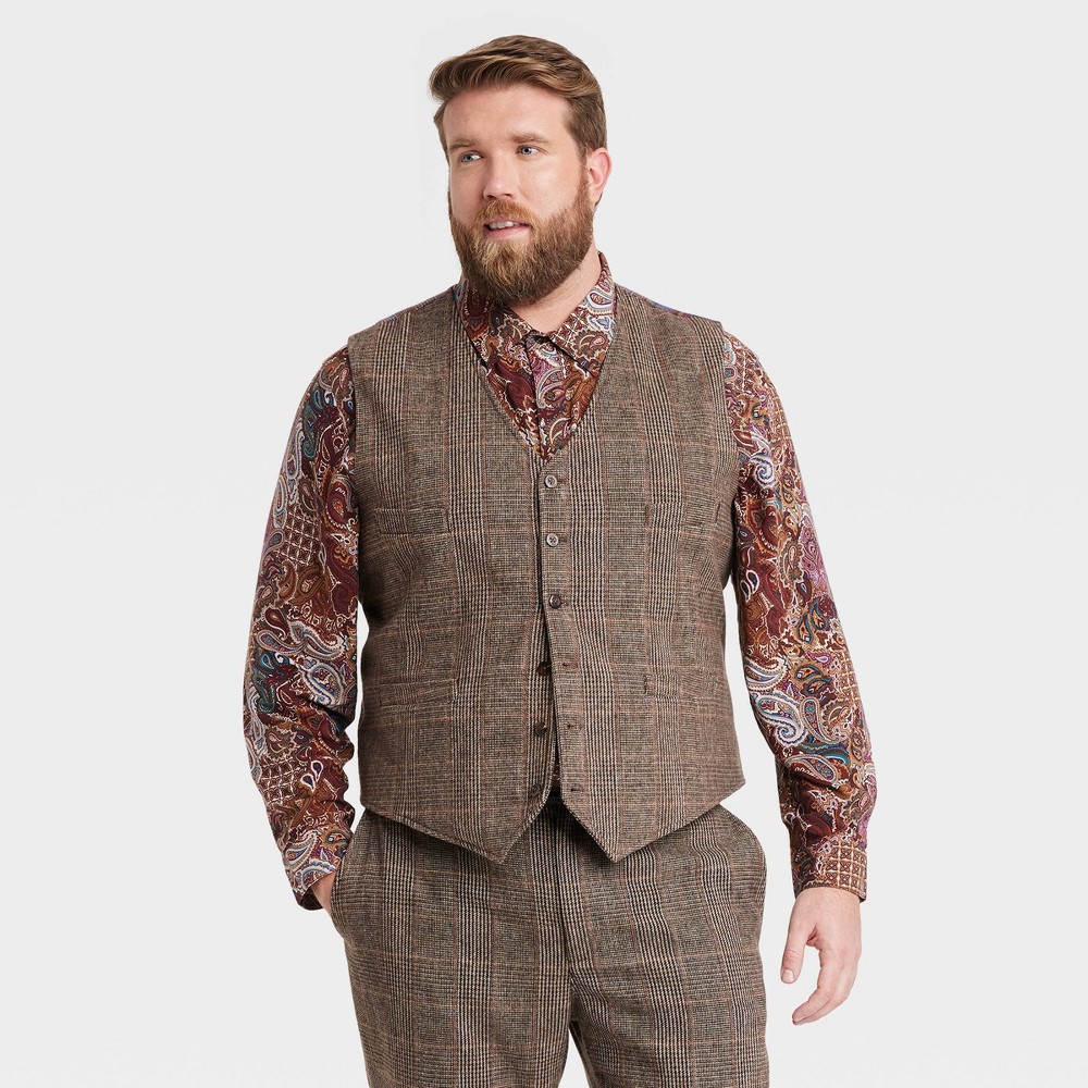 Edwardian Men’s Shirts, Vests, Sweaters Houston White Adult Plaid Suit Vest - Brown 3XL $30.00 AT vintagedancer.com