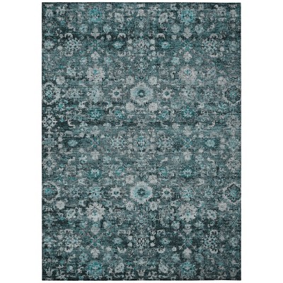 Dark Green Aqua And Charcoal Oriental Washable Indoor Outdoor Area Rug