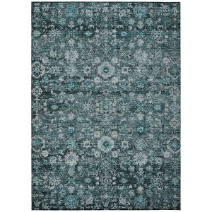 Dark Green Aqua And Charcoal Oriental Washable Indoor Outdoor Area Rug - 1 of 4
