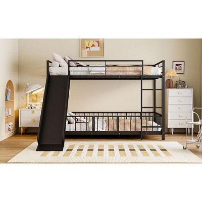 NicBex Twin Over Twin/Full Over Full Metal Bunk Bed with Ladder and Guardrail,Loft Bed with Convenient Gate for Bedroom,Black/White