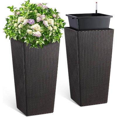 30” Tall Rattan Planter Set of 2,  Water Monitor, Wheels & 2 Trays, Large Indoor/Outdoor Pots for Patio, Porch, Living Room, Brown