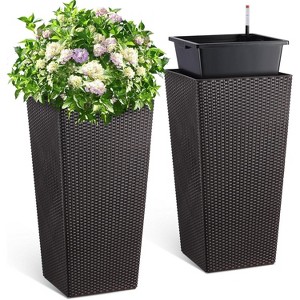 30” Tall Rattan Planter Set of 2,  Water Monitor, Wheels & 2 Trays, Large Indoor/Outdoor Pots for Patio, Porch, Living Room, Brown - 1 of 4