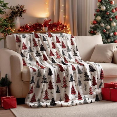 Christmas Flannel Blanket Throw, Christmas Trees Buffalo Plaid Dots Soft Plush Blankets.