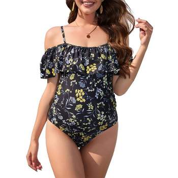 B91xZ Women Maternity Swimwear OnePiece One Shoulders Halter Pregnancy  Swimsuit Floral Bathing Suits Chest Drawstring,White M 