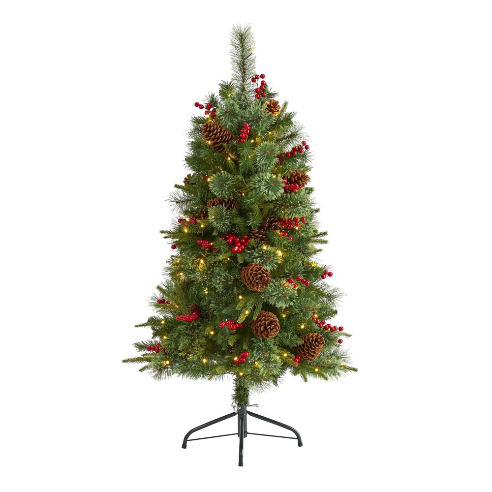 Nearly Natural 4' Pre-Lit LED Norway Pine Artificial Christmas Tree: Faux Pinecones, Holly Berries, Easy Setup