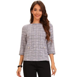 INSPIRE CHIC Women's Tweed Plaid 3/4 Sleeve Pearl Button Decor Casual Blouse - 1 of 4