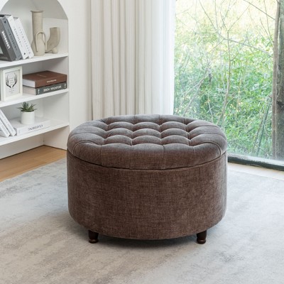 Wovenbyrd Prescott 28" Large Round Pintucked Storage Ottoman with Lift off lid