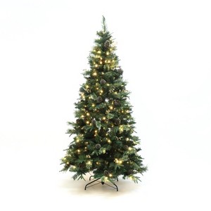 LuxenHome 6.5Ft Pre-Lit Artificial Pine Christmas Tree, Green Branches with Lights & Metal Stand - 1 of 4