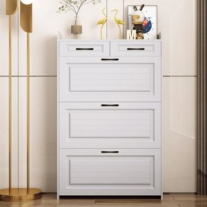 Hommoo Slim Wooden Shoe Cabinet With 3 Flip Drawers & 2 Top Compartments, Space-Saving Organizer For Hallway - 1 of 4