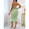 Nmoder Women's Plant Print Spaghetti Strap Waist Tie-Front Ruched Ruffle Bodycon Dress - 2 of 4