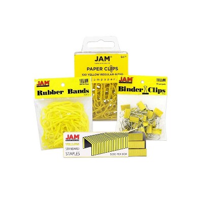 JAM Paper Desk Supply Assortment Yellow 1 Rubber Bands 1 Small Binder Clips 1 Staples & 1 Small