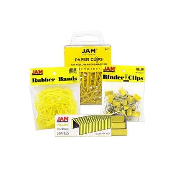 JAM Paper Desk Supply Assortment Yellow 1 Rubber Bands 1 Small Binder Clips 1 Staples & 1 Small