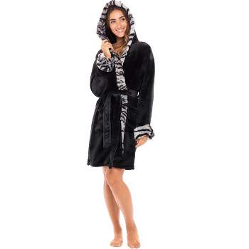 ADR Women's Faux Fur Feather Hooded Robe, Soft Plush Fleece Knee Length Bathrobe with Hood