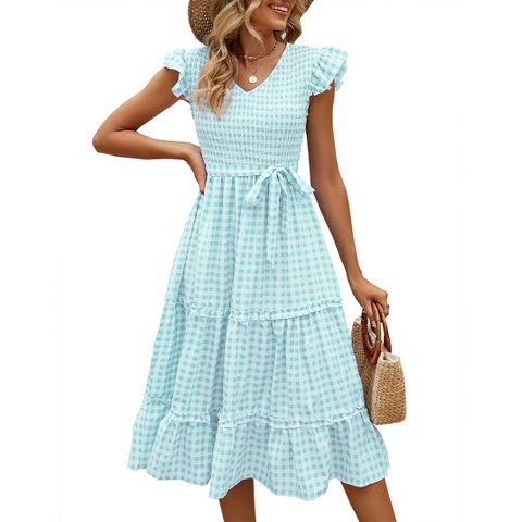 Женские платья YesFashion Women Smocked Dress Flutter Short Sleeve Ruffle Midi Dress Defang Green Grid,M