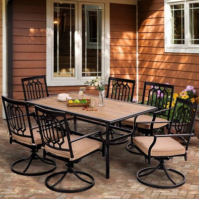 7pc Patio Dining Set with Rectangular Faux Wood Table with Umbrella Hole & Swivel Chairs - Captiva Designs