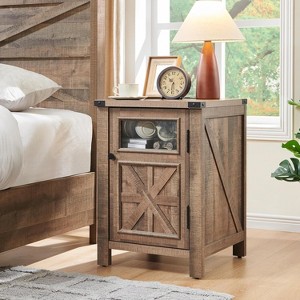 Nightstand with Charging Station, 18" Farmhouse Night Stand with Adjustable Shelf, Wooden Rustic End Table Side Table - 1 of 4