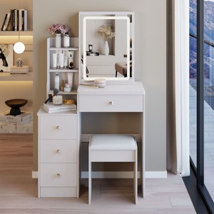 Vanity Table with Touch Tri-Color Sliding LED Mirror,Cushioned Stool and Storage Drawers for Bedroom-The Pop Home - 1 of 4