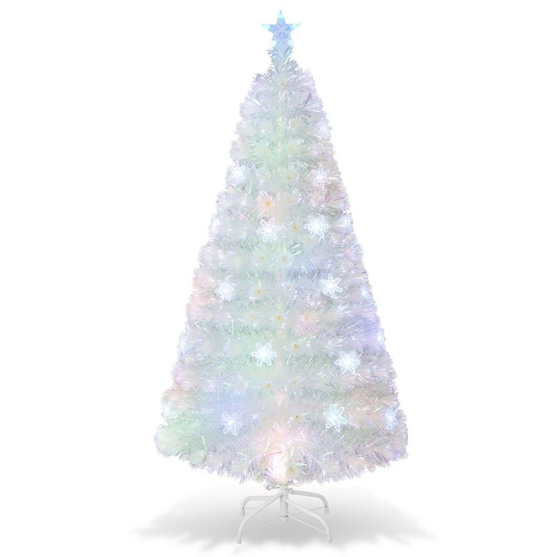 Costway 5FT/6FT/7FT Pre-Lit Fiber Optic Christmas Tree Decor Multi-Color Snowflake LED Lights, 1 of 10