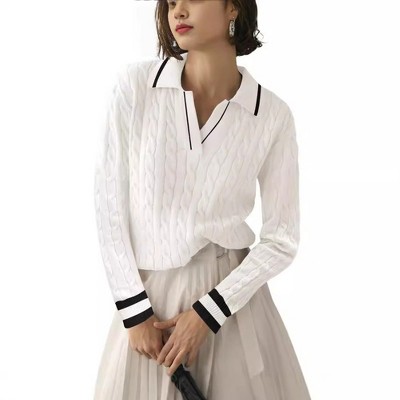 Women's Cable Long Sleeve Sweaters Tops Solid Lapel V Neck Knit Casual Soft Pullover Shirt