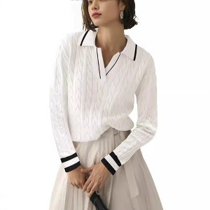 Women's Cable Long Sleeve Sweaters Tops Solid Lapel V Neck Knit Casual Soft Pullover Shirt - 1 of 2