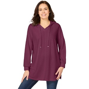 Woman Within Rib-Knit High Pile Fleece Hoodie Sweatshirt - 1 of 4