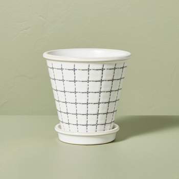 Grid Printed Stoneware Indoor/Outdoor Planter Pot with Saucer Cream/Blue - Hearth & Hand™ with Magnolia