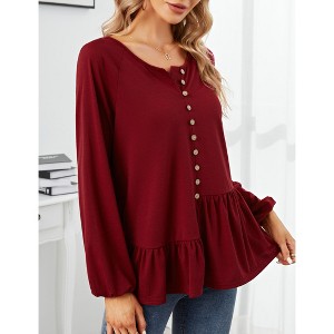 Womens Casual Tops Round Neck Button Lantern Sleeve Asymmetric Ruffle Top - 1 of 4