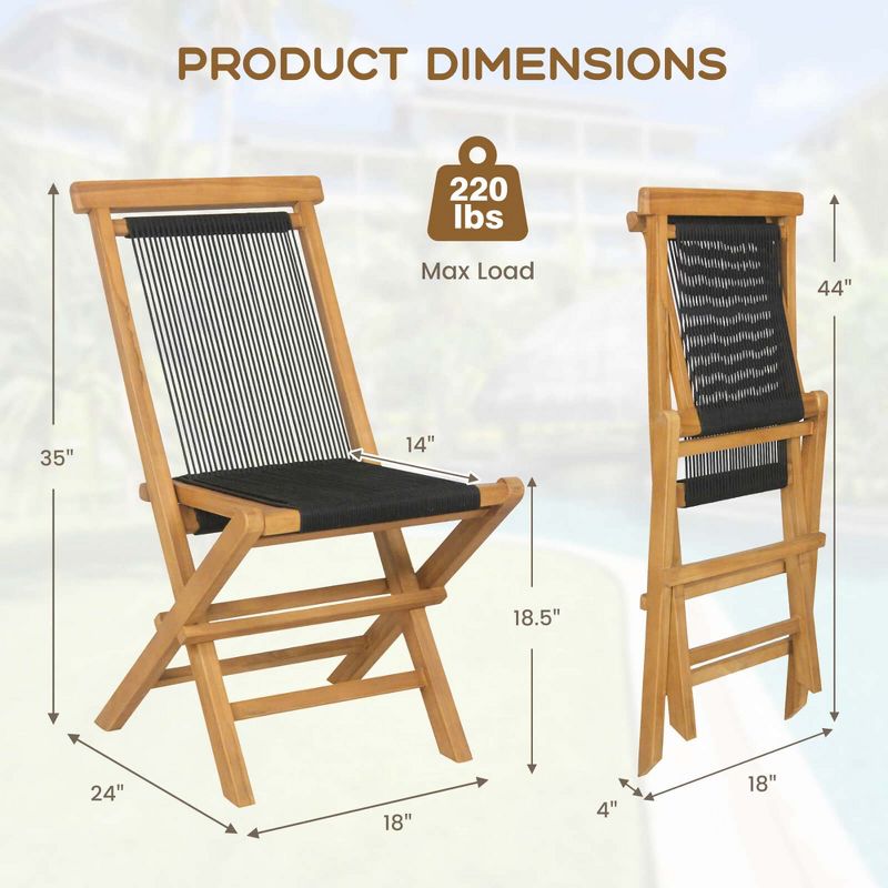 Costway 2/4 PCS Patio Folding Chairs with Woven Rope Seat & Back Indonesia Teak Wood for Porch Natural&Black, 3 of 9