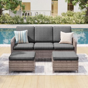 Sonkuki 3 Pieces Outdoor Patio Furniture Sets, Rattan Sofa with Ottoman Wicker Set for Backyard Porch, Garden, Poolside, Balcony - 1 of 4