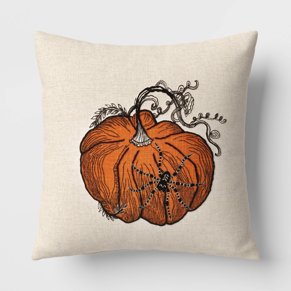 Pumpkin with Spider Cotton Square Halloween Throw Pillow Ivory - Threshold