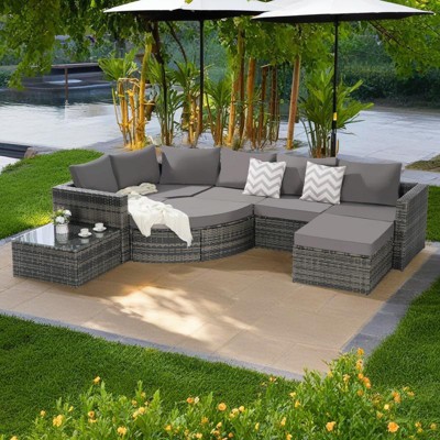 8-Piece Outdoor Patio Rattan Modular Sectional Sofa Set with Tempered Glass Coffee Table