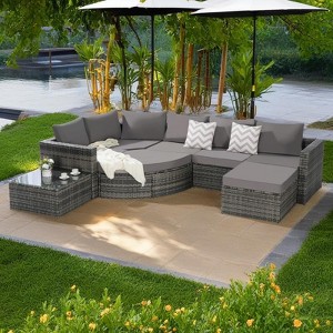 8-Piece Outdoor Patio Rattan Modular Sectional Sofa Set with Tempered Glass Coffee Table - 1 of 4
