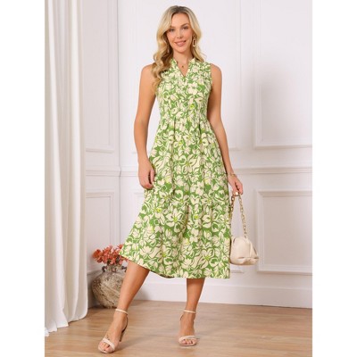 Женские платья INSPIRE CHIC Women's Sleeveless Floral Tiered Pleated Collar V Neck Ruffle A Line Maxi Dresses Medium Green — фото 2