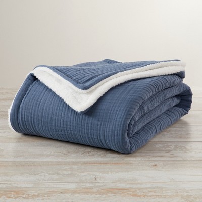 Blue Cotton Muslin Sherpa Reversible Throw Blanket