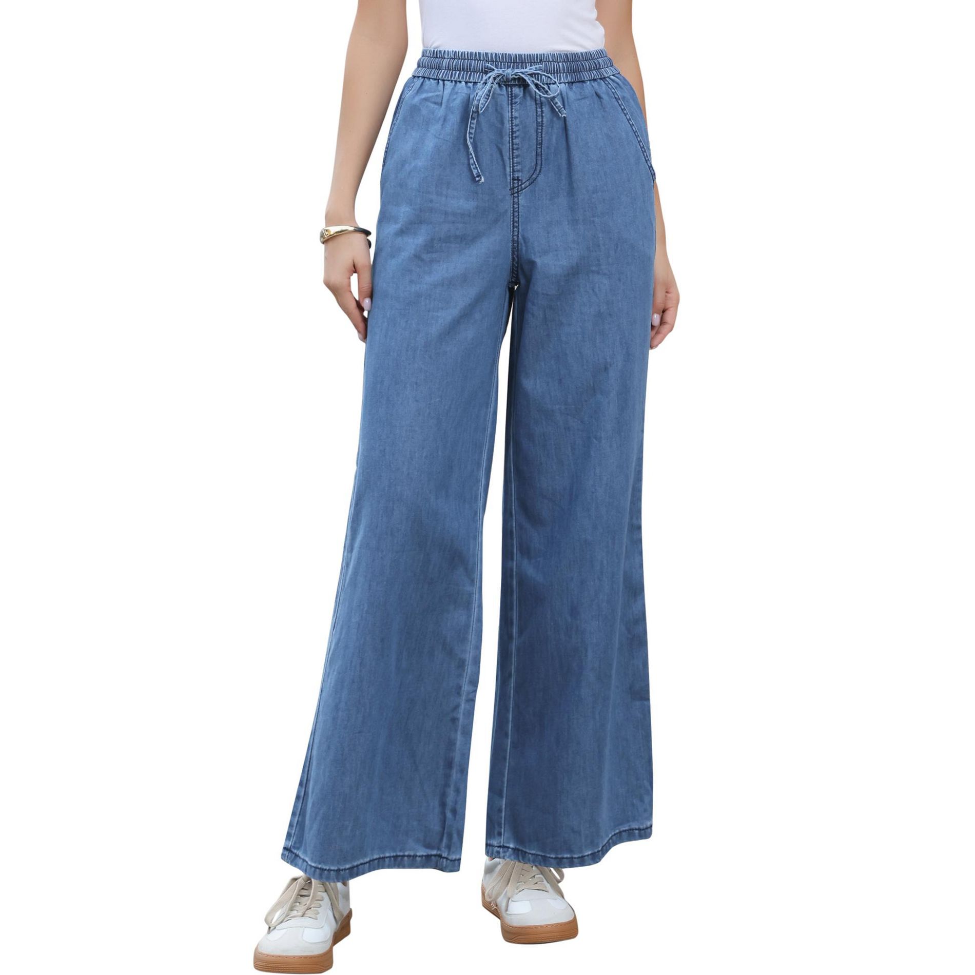 INSPIRE CHIC Women's Denim Drawstring High Waisted Wide Leg Pants with Pockets