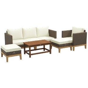 Outsunny Cushioned Patio Furniture Set, 5 PCs Wooden Frame PE Rattan Conversation Set, Cream White - 1 of 4