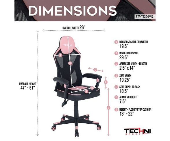 Ergonomic High Back Racer Style Video Gaming Chair Pink - Techni Sport