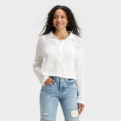 Women's Openwork Button-Front Cardigan - Universal Thread™ White